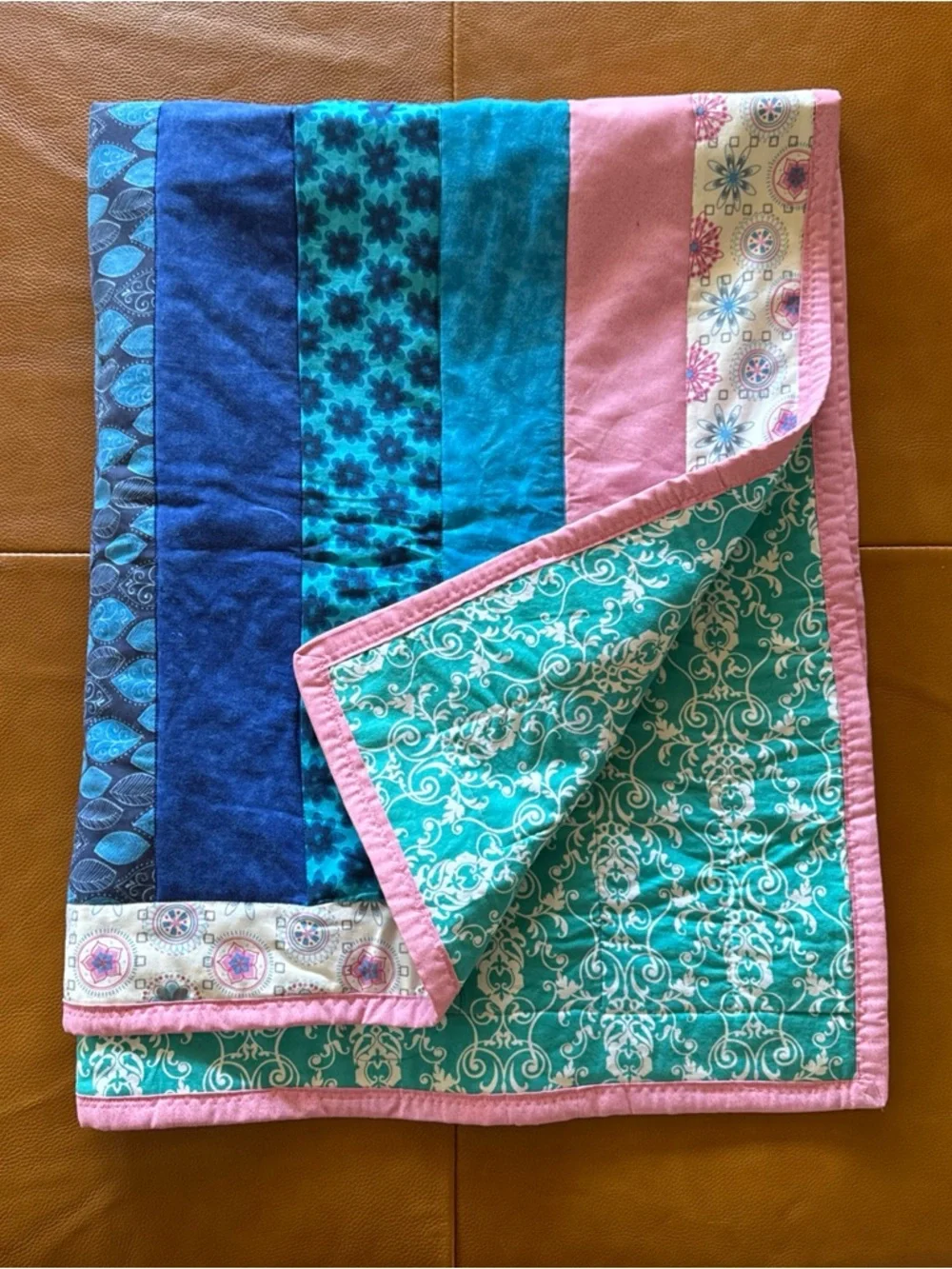 Handmade Patchwork Quilt Throw Multicolor Blue Pink Reversible Cotton Blanket
